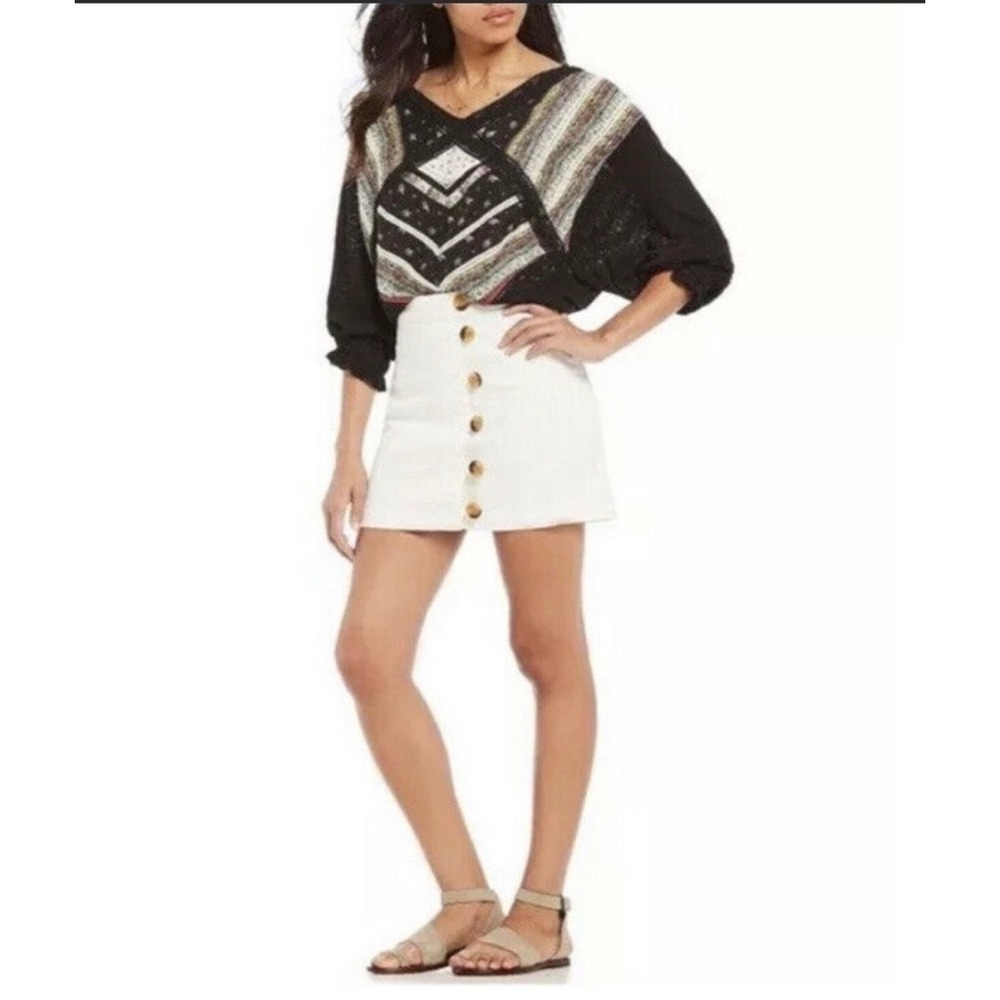 Free People Prairie Days Printed Lace Trim Top Black Boho Geometric V-Neck M